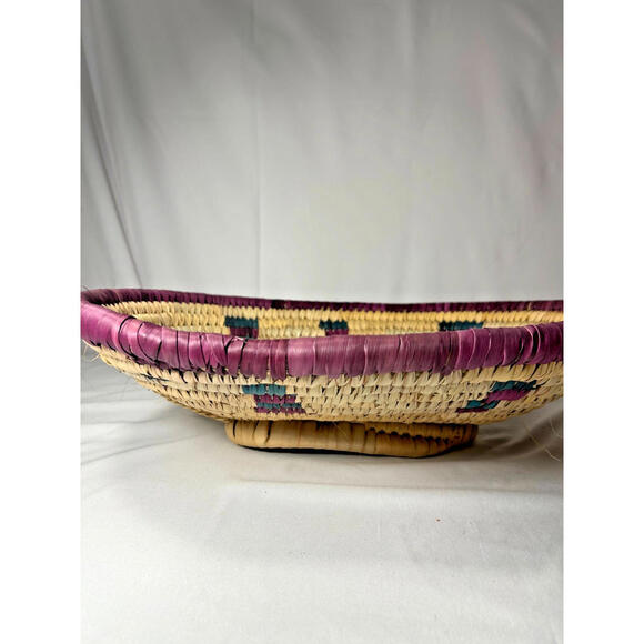 Vintage Handwoven Oval Raffia Basket Purple Teal Leather Bottom Boho Decor